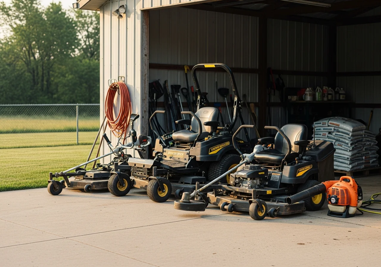 Lawn care equipment and tools staged for service readiness, representing landscaping and grounds maintenance.