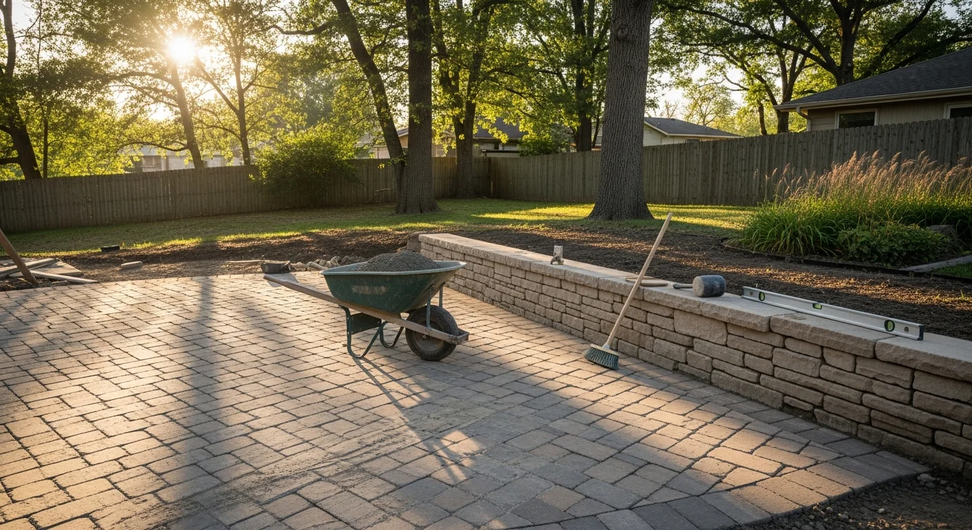 Completed patio hardscape installation in residential yard