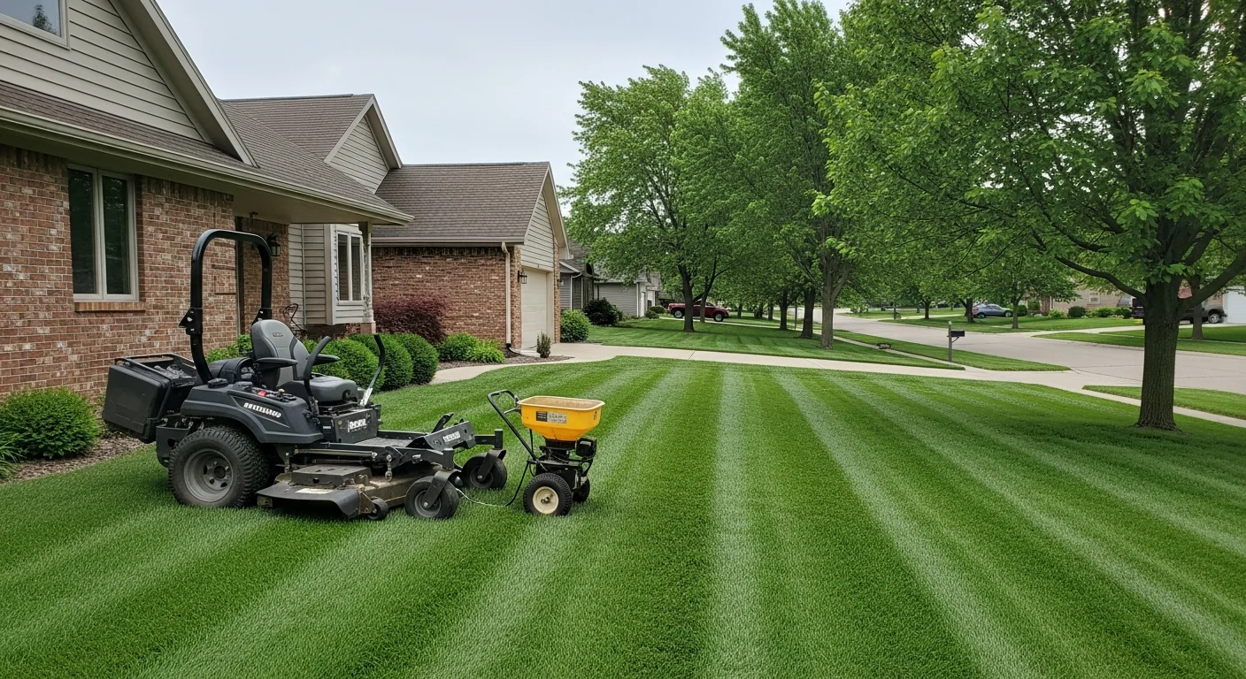 Professional landscaper mowing residential lawn in Fort Dodge