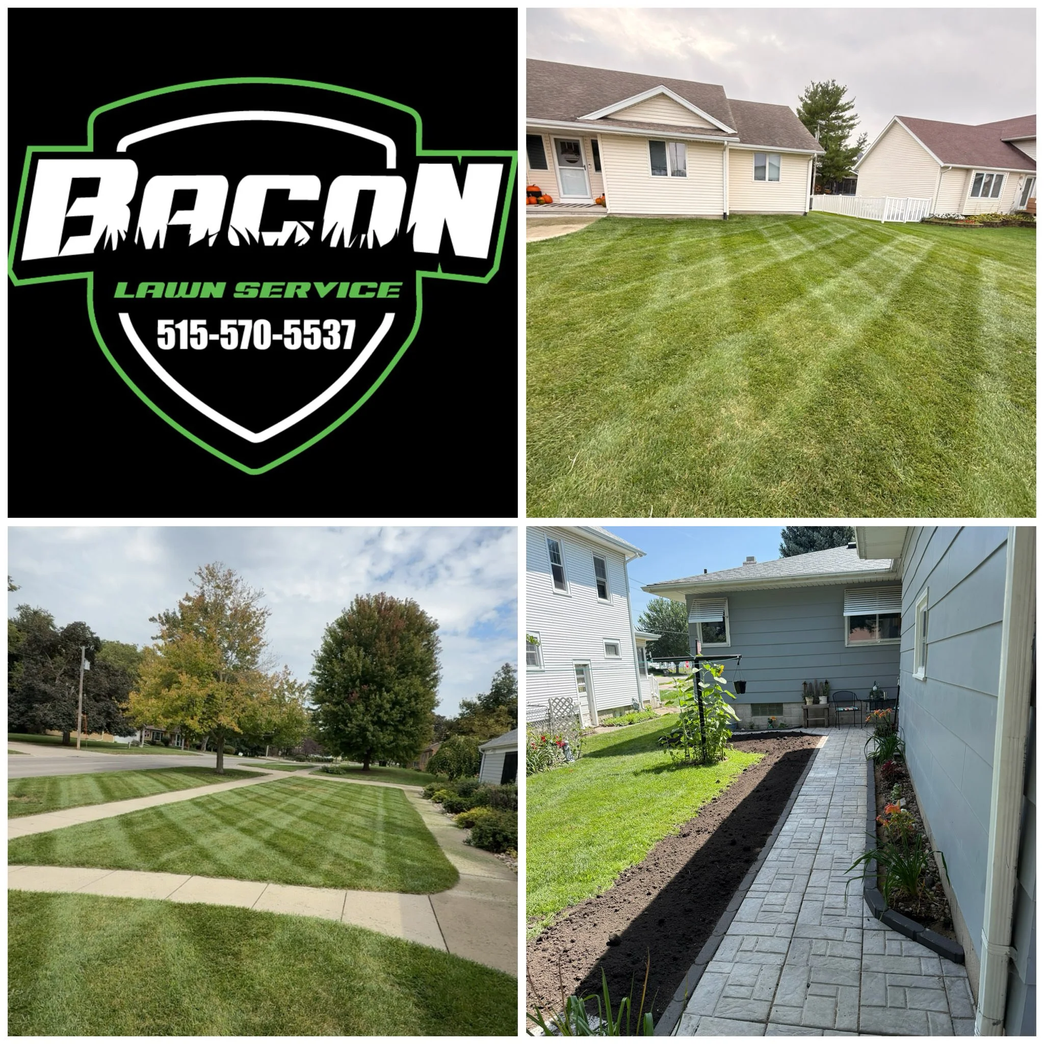 Residential lawn with striped mowing pattern, mulched garden beds, and paver walkway