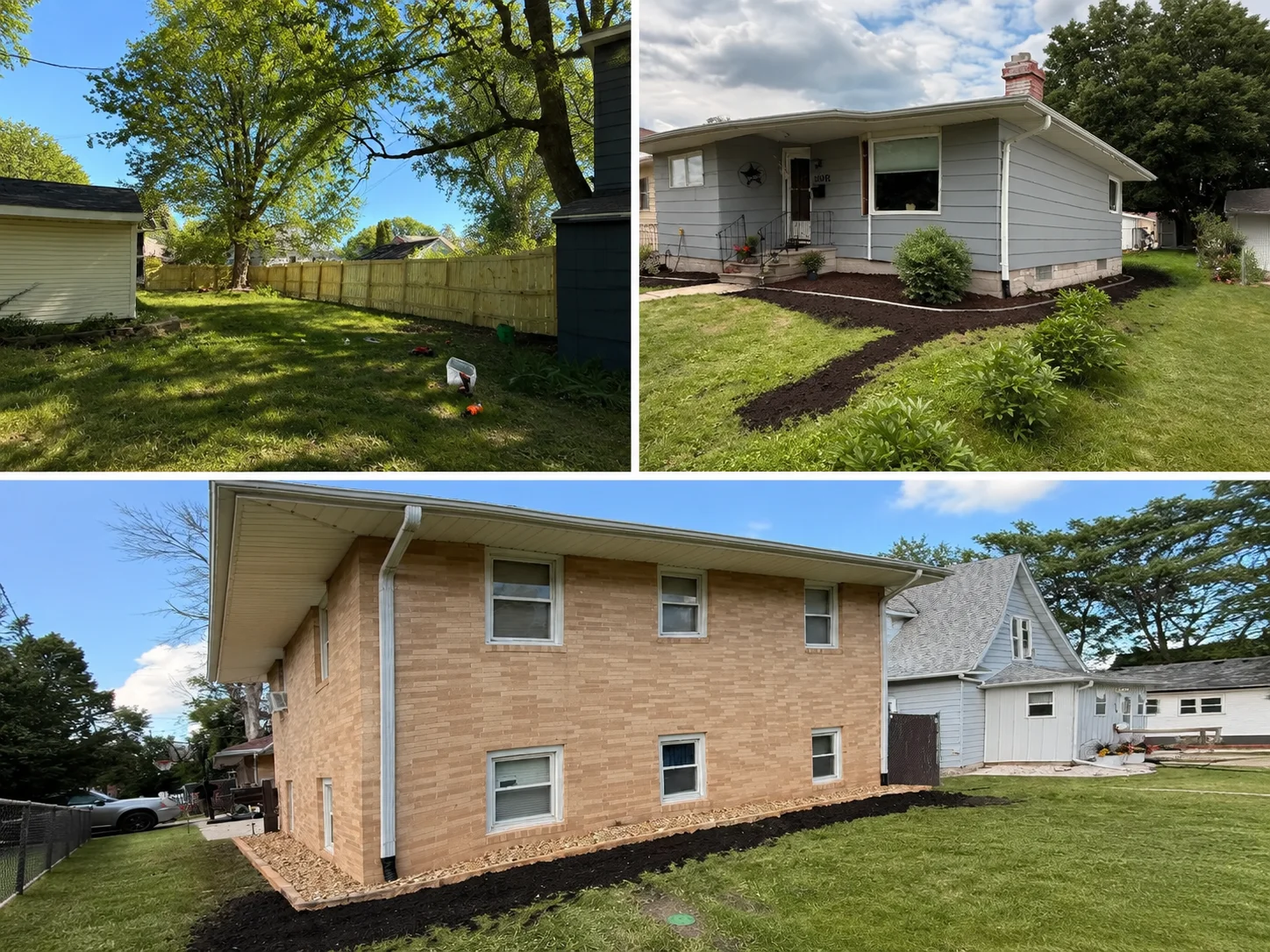 Before and after residential landscaping with mulch beds and lawn restoration