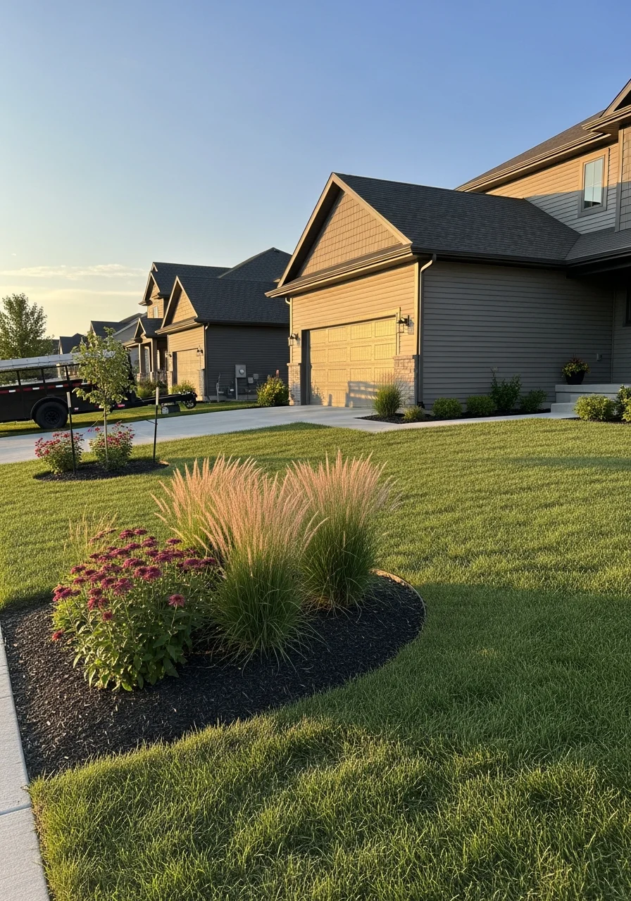 Des Moines suburban home exterior with contemporary design and manicured landscaping.