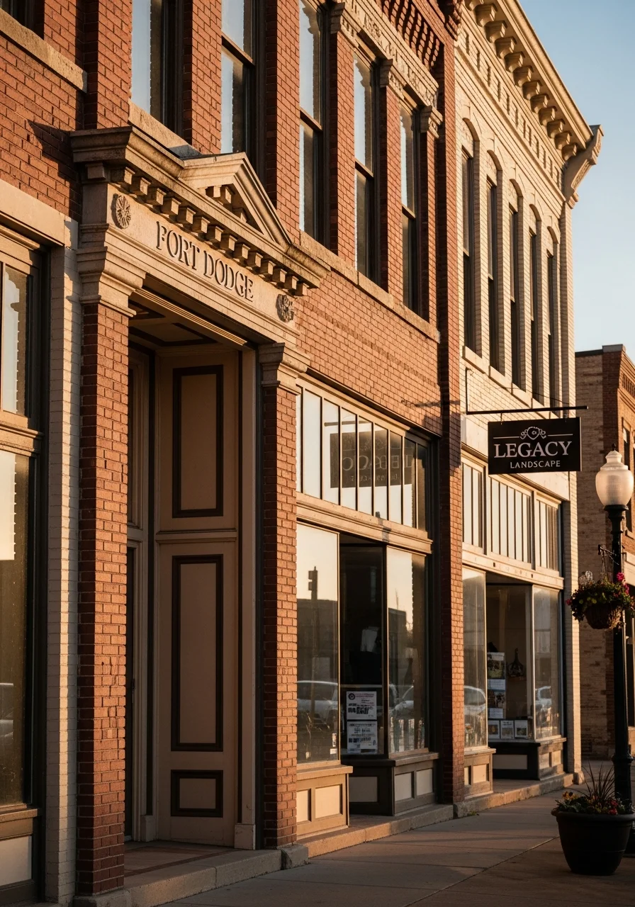 Close-up of Fort Dodge historic downtown storefront with brick facade and traditional architecture.