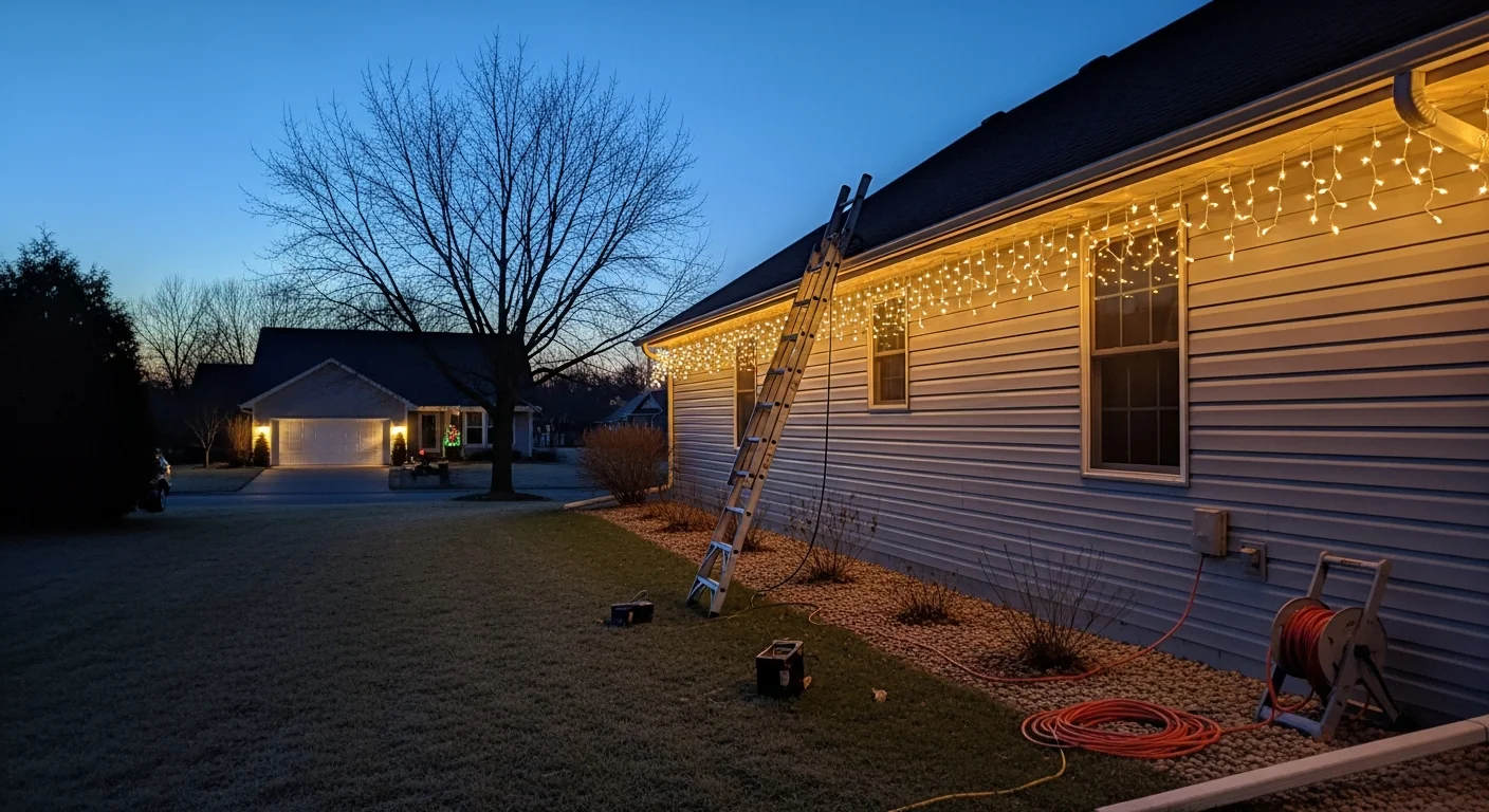 A Fort Dodge single-family home with white Christmas lights evenly hung along the roofline and gutters on a clear winter evening. Snow covers the front lawn while the lit exterior stands out against the dark Iowa sky.