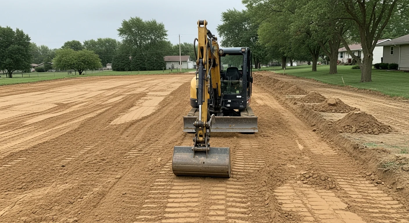 A graded and leveled residential yard in Fort Dodge, Iowa, with smooth soil contoured away from the home's foundation. Heavy equipment tracks are visible in freshly worked loamy soil prepared for landscaping or construction.