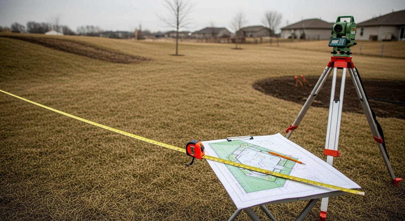 A Fort Dodge homeowner and a Bacon Lawn Service LLC consultant reviewing a yard layout plan on-site, with an open backyard showing natural slope and existing lawn in the background. The consultation focuses on patio and walkway placement suited to the property's grade and drainage conditions.