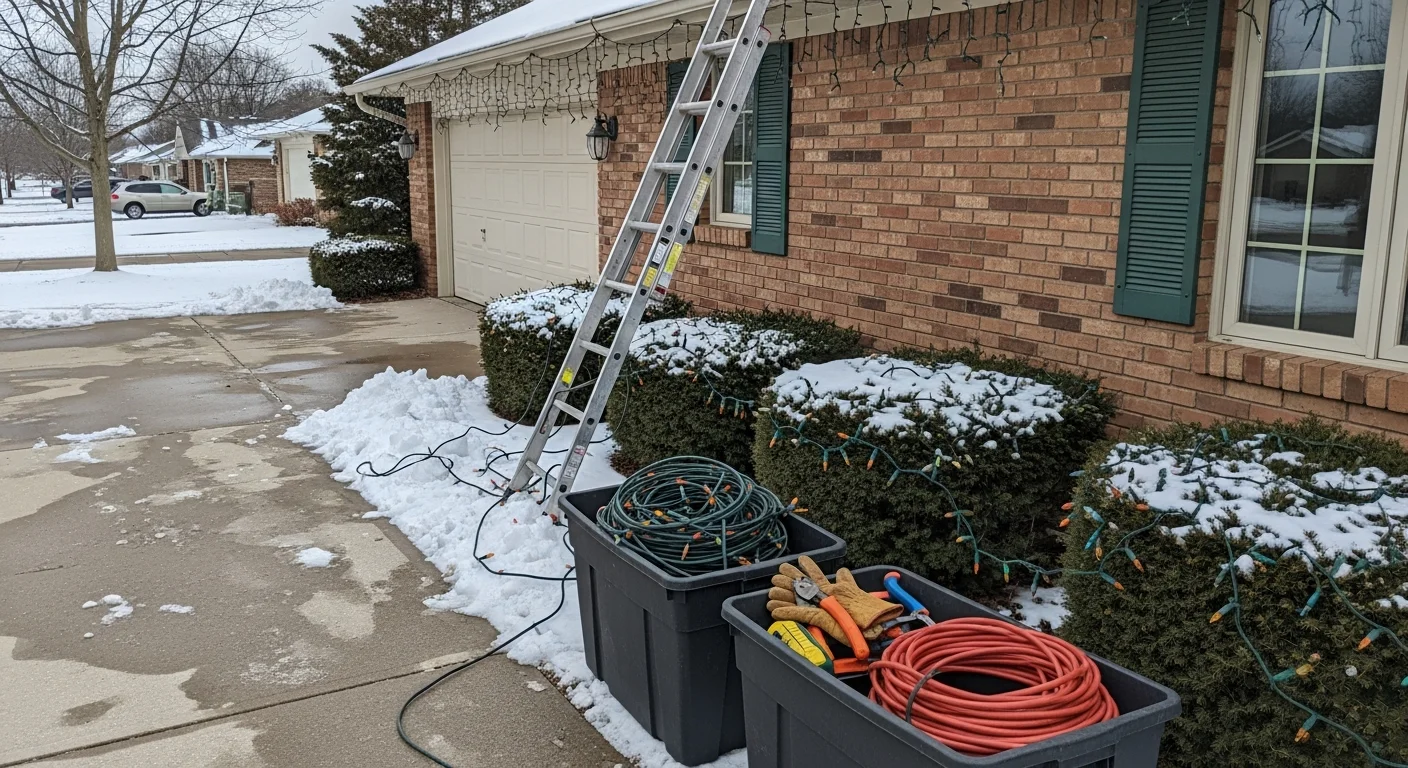 A Fort Dodge home exterior after professional holiday light removal, with clean gutters and a clear roofline in winter conditions. A crew member carefully packs removed light strands into organized storage containers on the snow-dusted lawn.