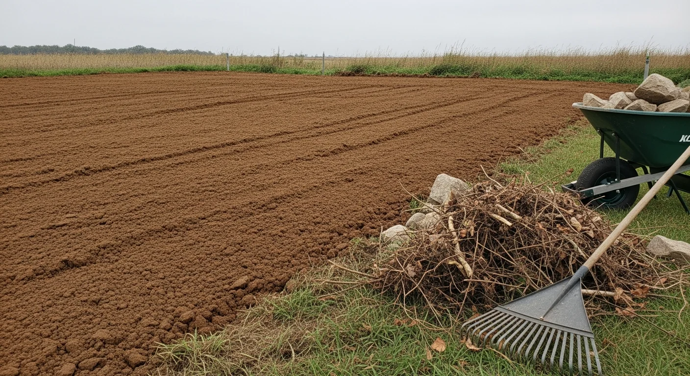 A Fort Dodge residential lot after land preparation, showing freshly graded and leveled soil with brush and debris cleared away. The smooth, even ground is ready for lawn seeding or landscaping installation.