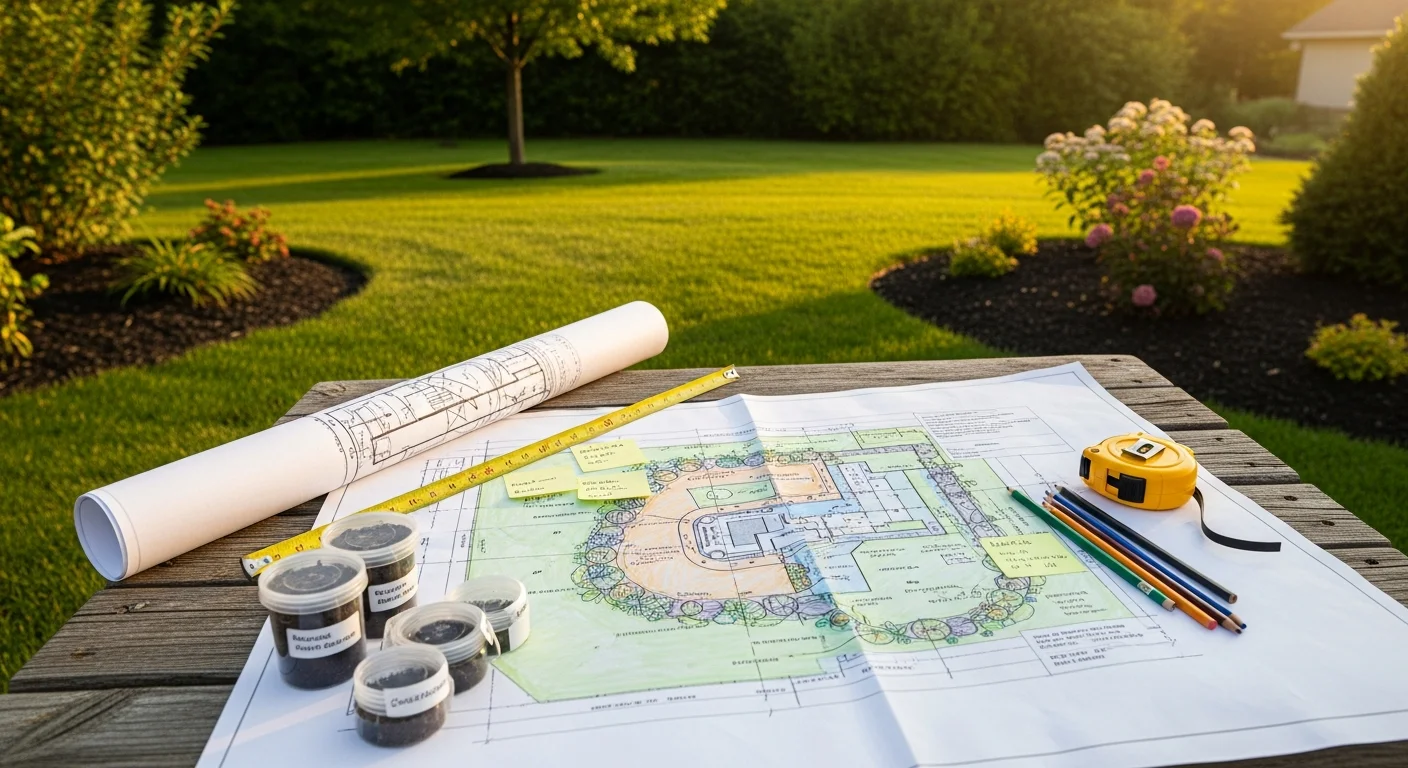 A Fort Dodge, Iowa residential front yard showing a freshly designed landscape with defined planting beds, graded lawn areas, and regionally appropriate shrubs and perennials. A Bacon Lawn Service LLC team member reviews a site plan on a clipboard during an on-site landscape design consultation.