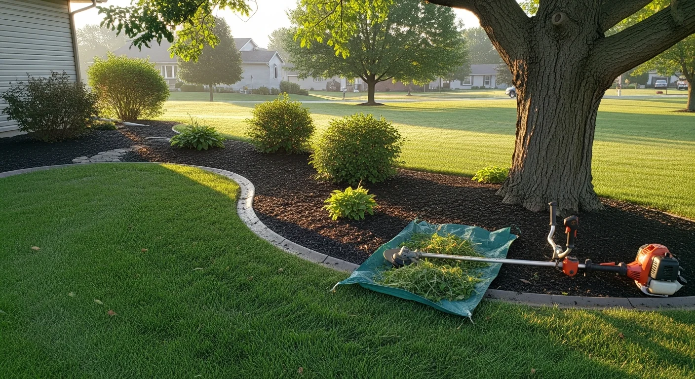 A well-maintained Fort Dodge residential lawn with neatly edged turf, trimmed shrubs, and clean mulched beds in front of a single-family home. Bacon Lawn Service LLC landscape maintenance work shown on a typical Fort Dodge property during the growing season.