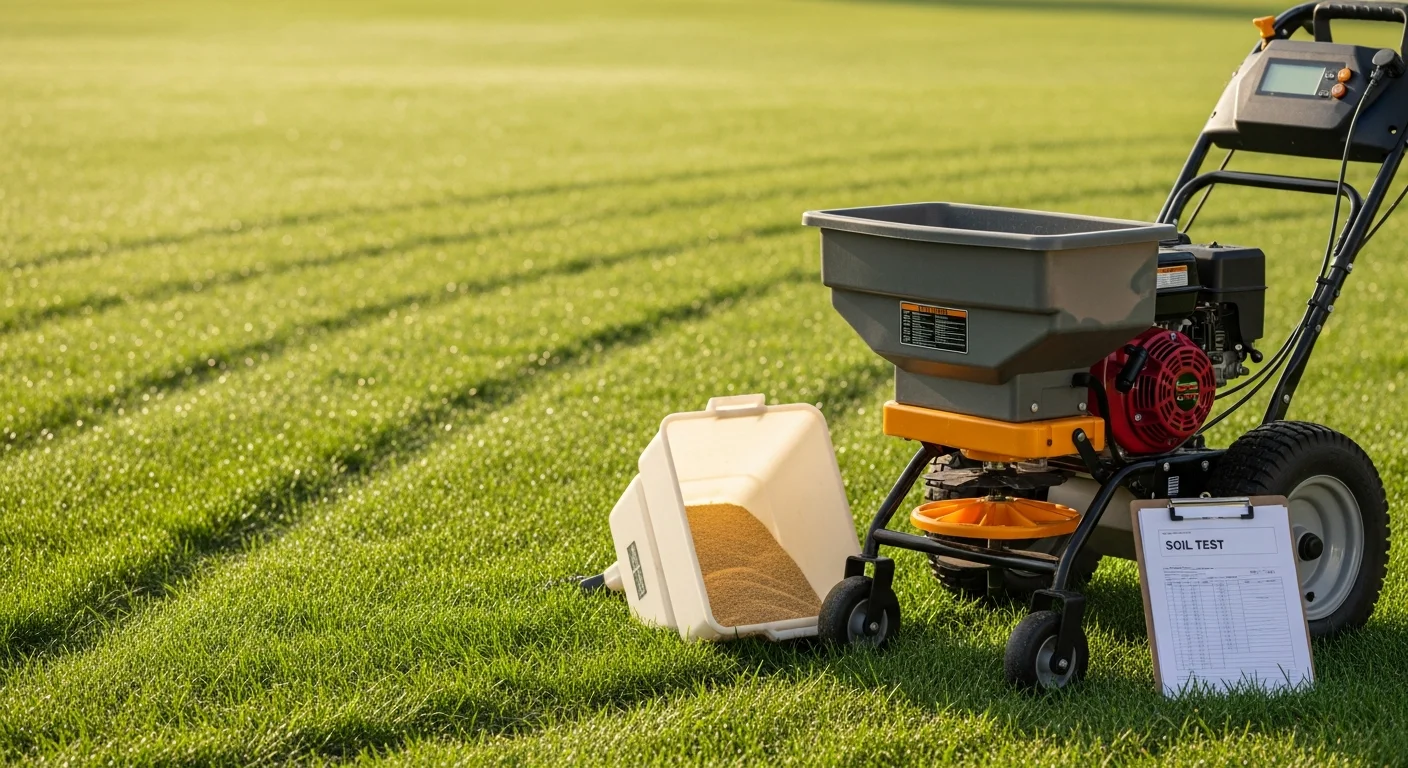 A Fort Dodge, Iowa residential front lawn showing dense, evenly green Kentucky bluegrass after a professional fertilizing treatment. A lawn care technician from Bacon Lawn Service LLC applies granular fertilizer across the turf using a walk-behind spreader.