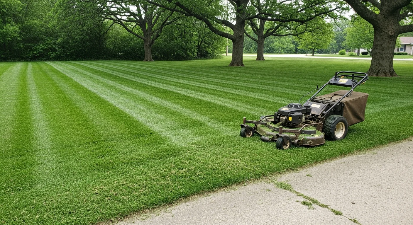 A neatly mowed residential lawn in Fort Dodge, Iowa, with clean mowing lines across a cool-season grass yard and trimmed edges along a concrete sidewalk. The yard surrounds a single-family home typical of Fort Dodge's established residential neighborhoods.