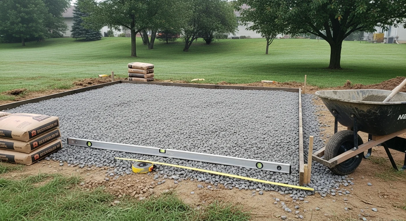 A finished backyard patio and pergola installation at a Fort Dodge, Iowa residential property, showing level stonework and a wood overhead structure on a landscaped lawn. The surrounding yard reflects a typical North Central Iowa residential lot with open green space and a clear sky.