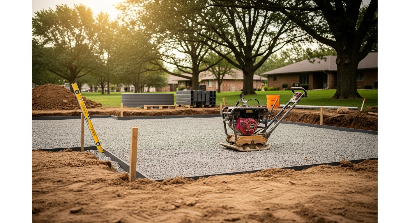 A newly installed patio in a Fort Dodge, Iowa backyard with a clean, level surface and defined edges set against a residential home. The base and surface materials are laid flush with the surrounding lawn, showing proper grading and finished edging typical of hardscape work built for Iowa's climate.
