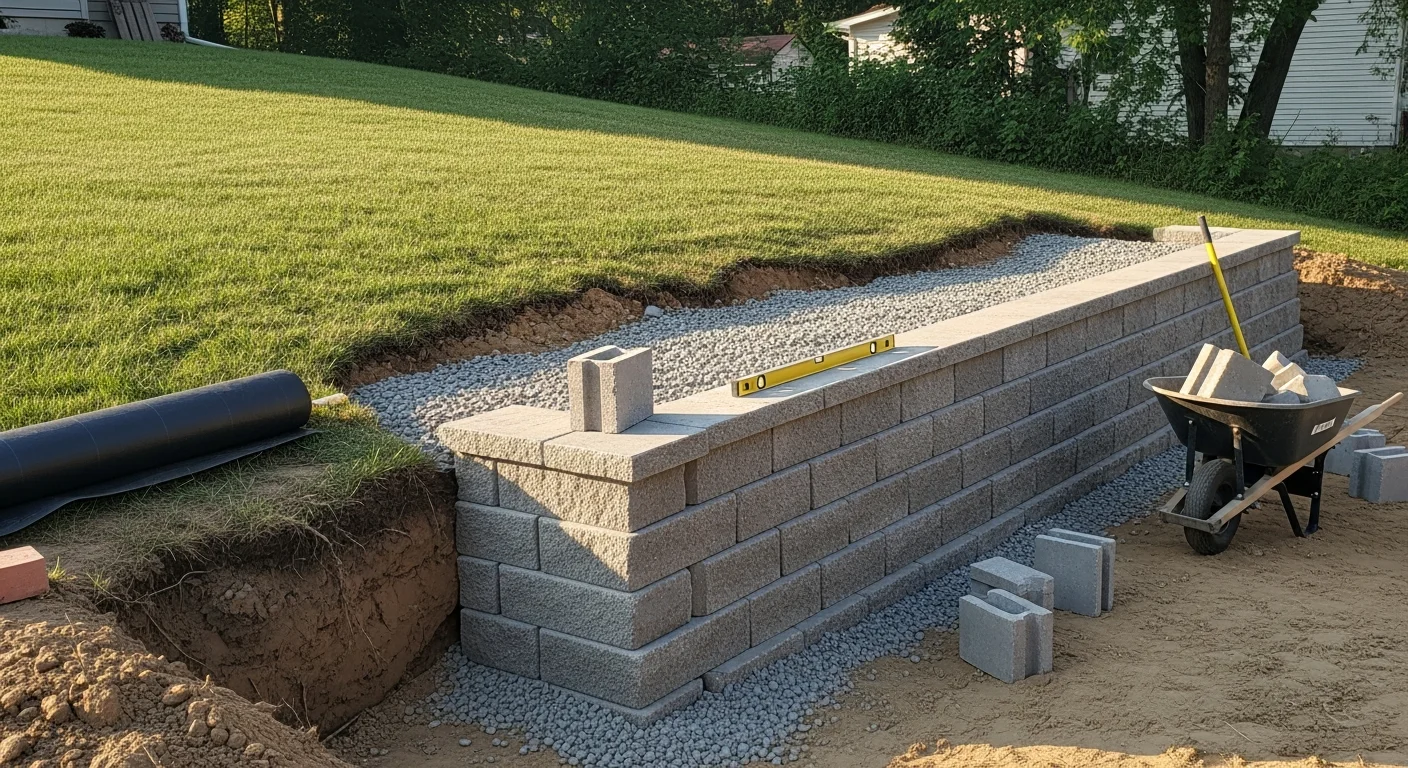 A newly constructed retaining wall on a sloped residential backyard in Fort Dodge, Iowa, with compacted soil held back behind stacked wall units and a level lawn area in the foreground. The wall runs along the full width of the yard, showing clean horizontal courses and a finished cap along the top.