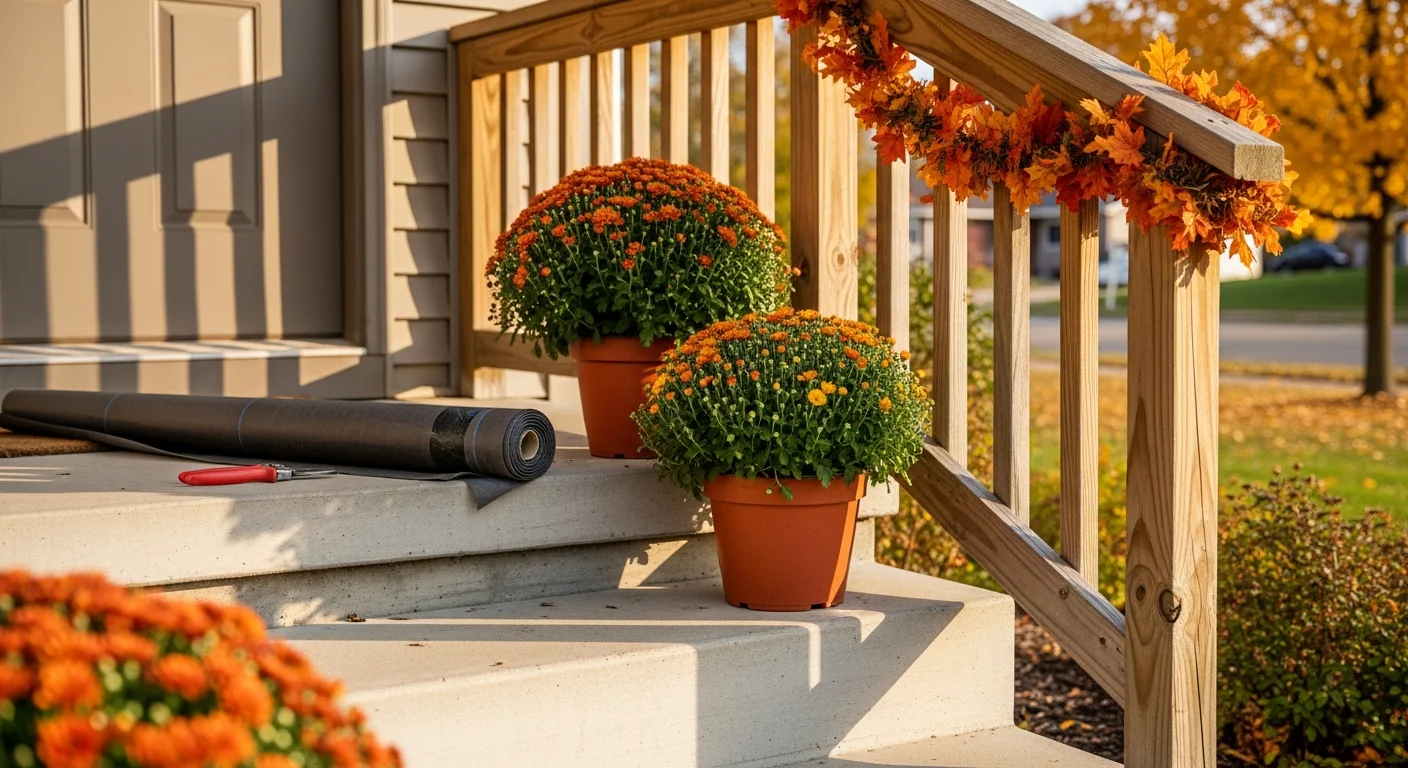 A Fort Dodge home's front porch and entryway decorated with fall seasonal arrangements including pumpkins, mums, and cornstalks placed by Bacon Lawn Service LLC. The display is set against a single-story residential exterior on a clear Iowa autumn day.