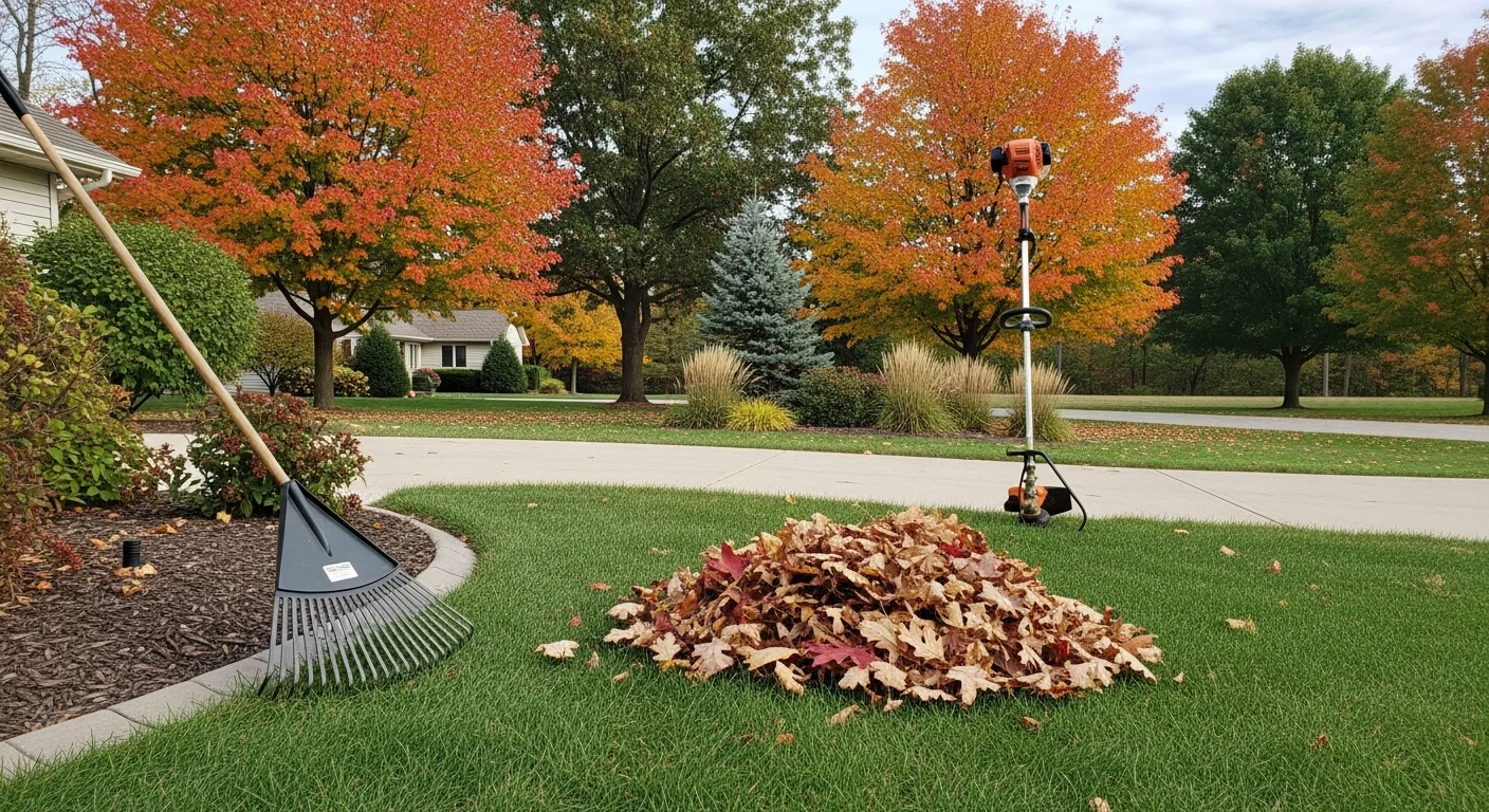 A Fort Dodge residential lawn after fall seasonal cleanup, with leaf debris cleared, beds edged, and cool-season grass cut to an even height before winter. Clean sidewalk edges and bare landscape beds show the yard is prepped for dormancy.