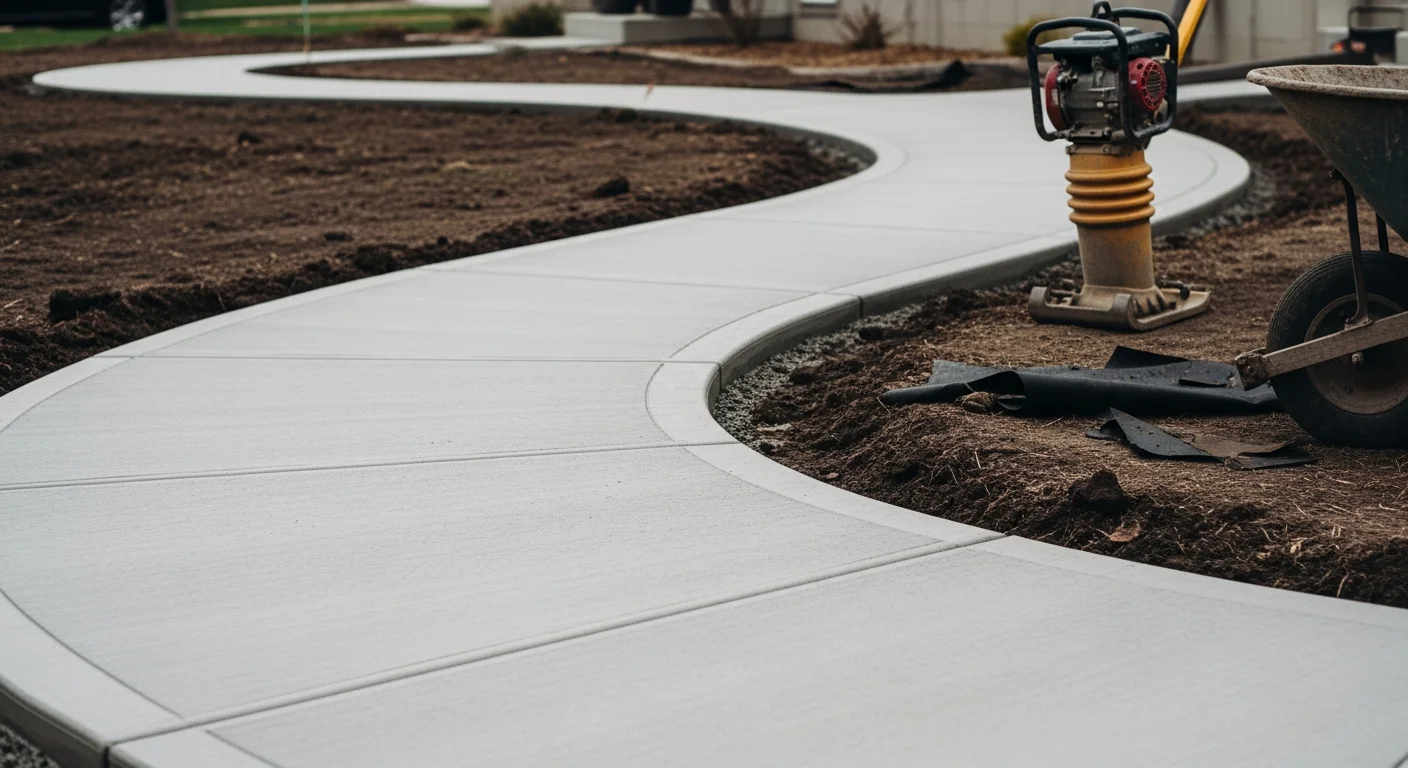 A freshly installed residential walkway leading from the street to a front entry on a Fort Dodge, Iowa home, with clean edges and a level surface set against a green lawn. The path shows tight joints and a uniform surface grade suited to the flat terrain common in Webster County.